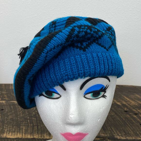 Vintage Blue Knit Beret Top Tassel Black Geometric Pattern Phillipines 80s 90s - Picture 2 of 12
